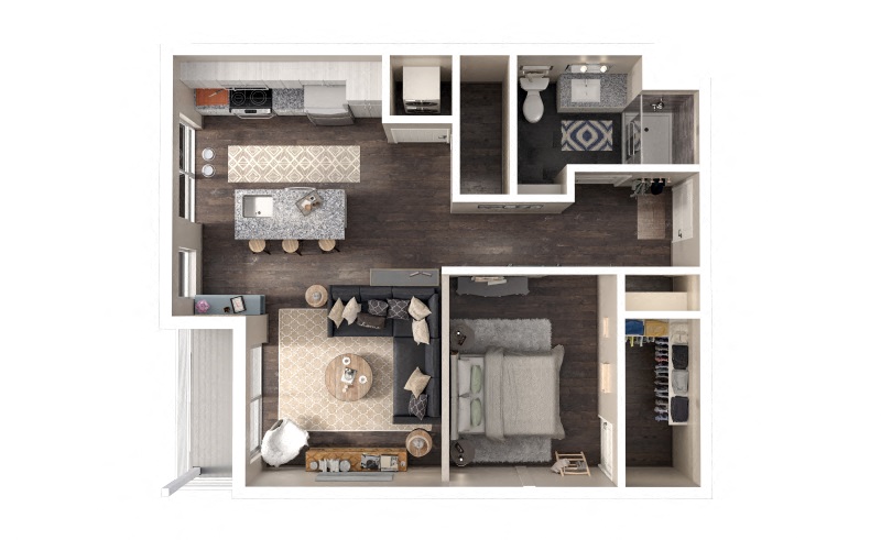 Floor plan for 1 bed, 1 bath, 966 sqft